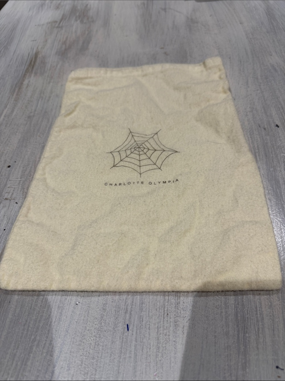 Charlotte Olympia Cream Drawstring Dust Bag with Spiderweb Logo